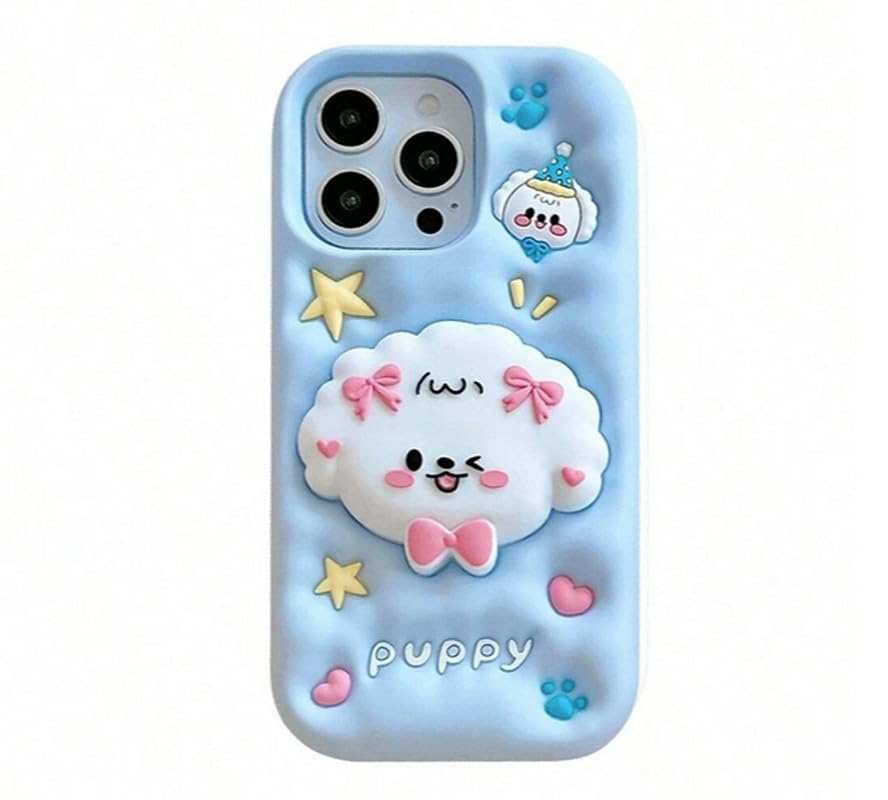 Image of COVERLY for iPhone 14 Plus 3D Puppy Knot Cartoon Pop Case,Premium Silicone Case Dog Love Light Blue Color with Phone Holder Cool Full Protective Cute Kawaii Aesthetic Cover for Apple iPhone 14 Plus