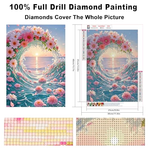 Image of AiYuanzsh Sunset Ocean Diamond Art Kits for Adults, Flower Waves Diamond Painting Kits for Adults Beginners, 5D DIY Full Drill Round Rhinestone Gem Art Crafts Paintings for Home Wall Decor 12 inchx16 inch