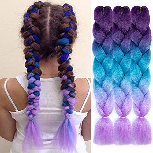 24“ 6pcs/lot Braiding Hair for Women Jumbo Braiding Synthetic Fiber for Box Braids Twist Crochet Hair Professional Soft Hair Extensions (24" Jumbo Braiding-6PCS, Purple to Lake Blue to Light Purple)