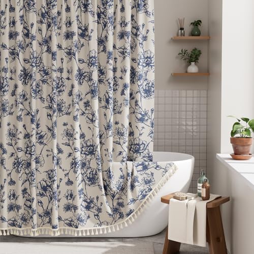 Image of AmazerBath Navy Blue Floral Shower Curtain, Modern Farmhouse Shower Curtain Set with Tassels, Rustic Faux Linen Shower Curtain Washable with Hooks for Cottagecore Style, 72x72 Inches