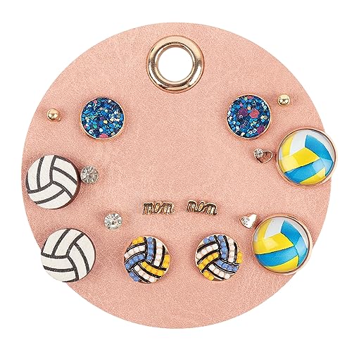 Sports Earring Set for Women Multi Pairs Assorted Multipack - Stud Earrings Jewelry Gift for Sports Mom Football Baseball Basketball Soccer Team (Volleyball - 8 Pairs)