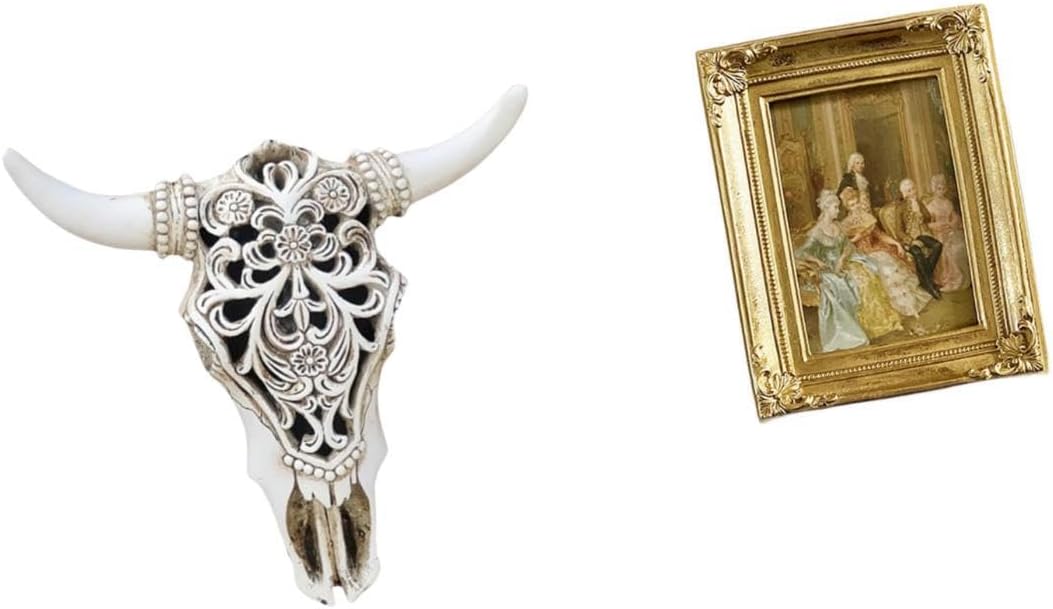Tribal Bull Head Sculpture Wall Hanging Art with Resin Photo Frame Card Display Holder for Office Farmhouse Bedroom Decor and Poster Glass Front Pictu