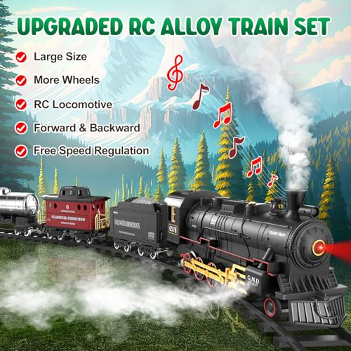 Image of Hot Bee Train Set for Boys, Alloy Remote Control Train Toys with Steam Locomotive Cargo Cars Tracks, Trains with Realistic Smoke Sound Lights,Christmas Train Toys Gifts for 3 4 5 6 7 8+ Years Old Kids