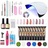 Finger Secret Poly Nail Gel Kit - Poly Extension Starter Kit Nail Art Set with UV Lamp, Nail Tools, Nude Pink Poly Flase Nails Gels for Salon Manicures All-in-One for Beginners with Everything
