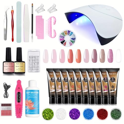 Finger Secret Poly Nail Gel Kit - Poly Extension Starter Kit Nail Art Set with UV Lamp, Nail Tools, Nude Pink Poly Flase Nails Gels for Salon Manicures All-in-One for Beginners with Everything