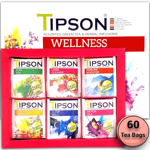 Tipson Wellness Variety Sampler: 6 Flavors | 6 Benefits (60 Tea Bags) - Green Tea & Herbal Infusions for Cleansing, Boosting, Support, and Sleep | Non-GMO & Gluten-Free