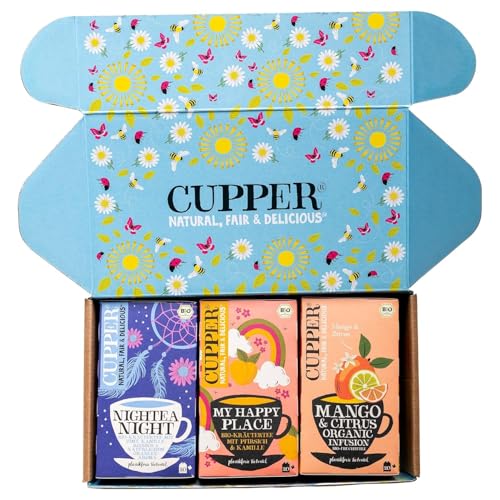 Cupper Bio Tee Set 'Neuheiten', Tee Geschenkset, Früchtetee, Kräutertee, drei verschiedene Sorten, 60 ungebleichte, plastikfreie Teebeutel, 3er Pack