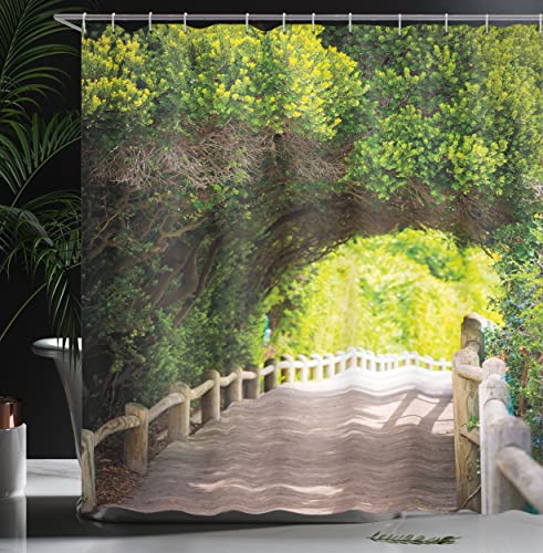 ABAKUHAUS Forest Shower Curtain, Nature Boardwalk Through Green Archway Bridge Foliage Trees Sunny Summer Day - Image 3