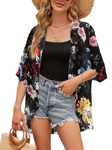 Image of Chunoy Women's Petite Summer Short Sleeve Floral Beachwear Cover Up Blouse Loose Chiffon Kimono Cardigan Black Small