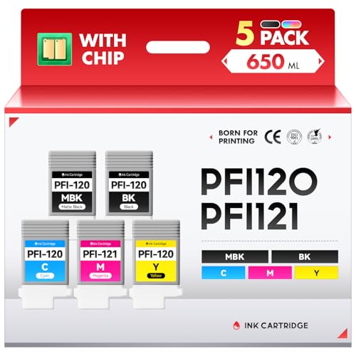 PFI-120 PFI-121 Pigment Ink Tank Kit 130ml 5-Pack Compatible Replacement for Canon PFI121 PFI-120MBK PFI-120BK PFI-120C PFI-121M PFI-120Y Ink Cartridge imagePROGRAF TM-250 TM-255 TM-350 TM-355 Printer