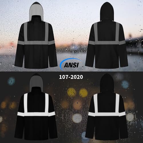 Image of TCCFCCT Hi Vis Rain Jacket Rain Suits for Men Waterproof, High Vis Rain Coat with Hood, High Visibility Rain Gear for Safety Work, Class 3 Reflective raincoat for Outdoor Activities, L-XL Black NP