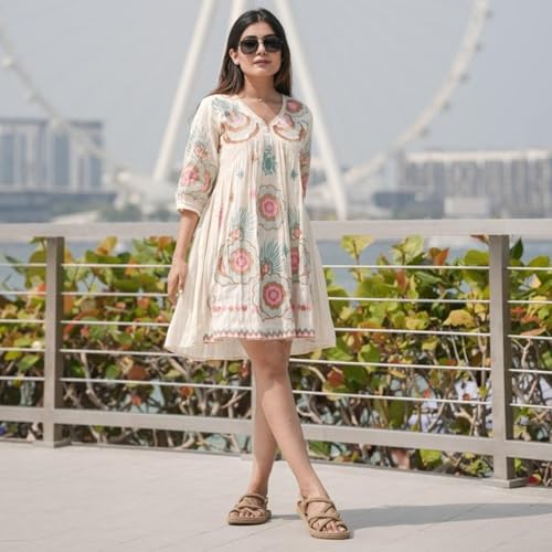 Image of Women's Off-White Cotton Embroidered Short Dress, Petal Stitch Detailing, Half Sleeves, A-Line Fit