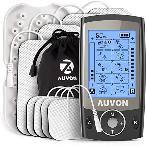 AUVON Dual Channel TENS Machine for Pain Relief TENS Unit Muscle Stimulator with 20 Modes 2 and 2x4 TENS Pads Replacement (Black)