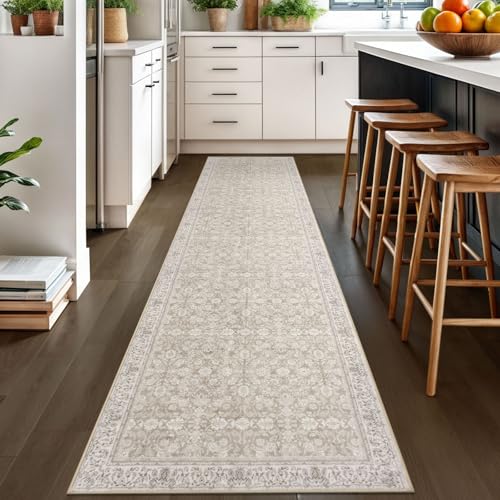 2.6x10 Cream Beige White Grey Washable Runner Rug for Kitchen, Soft Classic Runner with Non-Slip, Non-Shedding Distressed Floral Rug for Hallways Entryway Bedroom Laundry Indoor