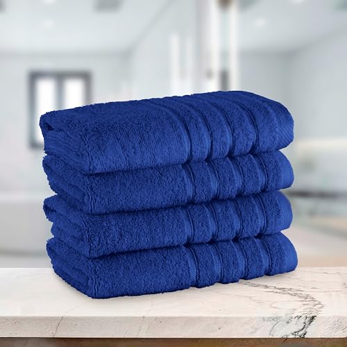 Image of Elegant Comfort 100% Turkish Cotton 4 Lines Viscose Stripe Luxury 4 Pack Hand Towel Set - Ultra Absorbent and Soft 16 x 28 Inch Premium Hotel Spa Quality Towels for Everyday Bath Use, Royal Blue