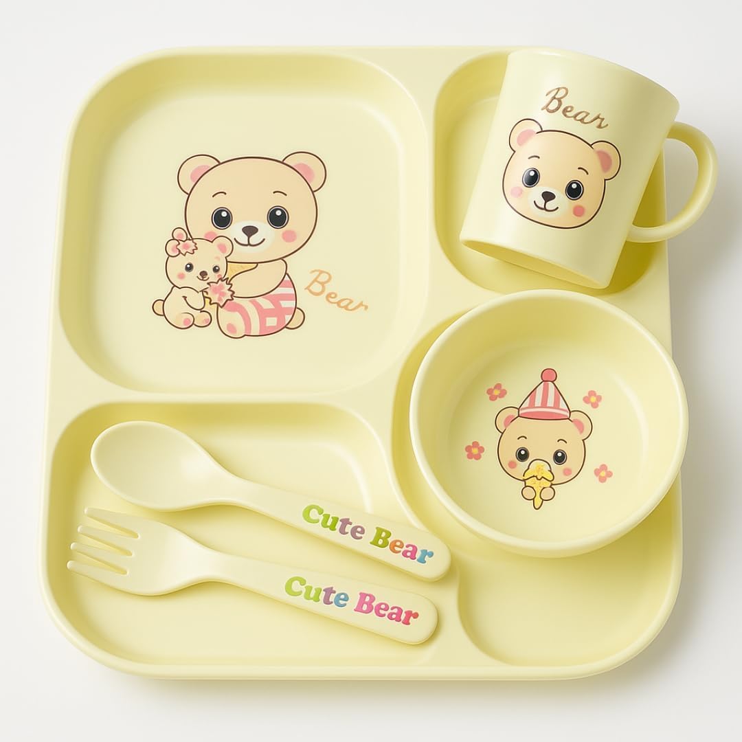 Cute Bear Baby Feeding Set – 5 Piece BPA Free Kids Dinnerware Set with Plate, Bowl, Cup, Spoon & Fork | Lightweight, Durable Toddler Feeding Set for Boys & Girls-image-32