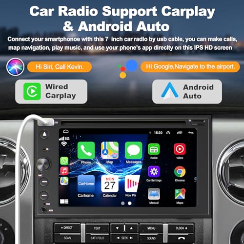 Image of Double Din Car Stereo with CD /DVD Player Apple Carplay & Android Auto, 7 Inch Car Radio with Bluetooth and Backup Camera, Touch Screen, Mirror Link, Steering Wheel Control, USB /TF /AUX Input, AM /FM