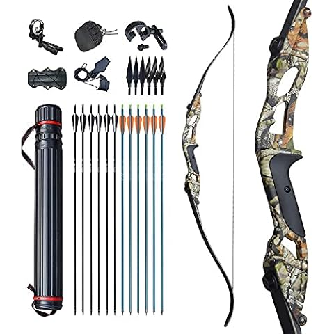 D&Q Recurvebogen pfeil und bogen set 56 Zoll langbogen Rechte Hand Aluminiumlegierung Riser 30-50lbs Jagdbogen für Erwachsene Sportbogen(Tarnung ,30lb) Cover