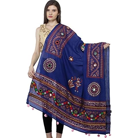 Exotic India Printed Dupatta from Kutch with Hand-Embroidered Florals and Mirrors - Color Marzipan Blue Color Einheitsgröße meisten Cover