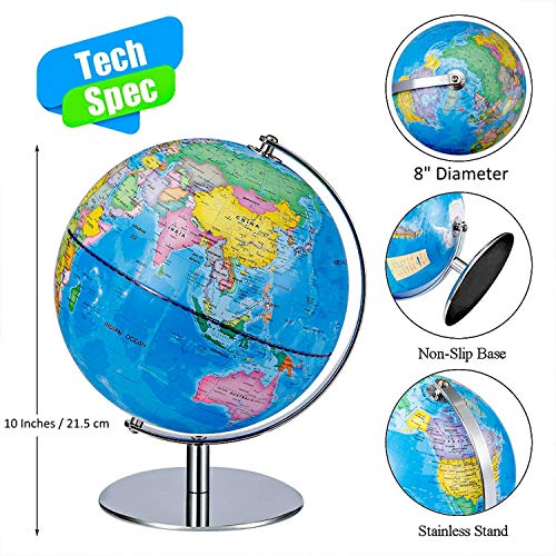 World Globes for Kids - 8 Inch Diameter - Educational World Globe with Stand Adults Desktop Geographic Gobles Discovery World Globe Educational Toy for Children - Geography Learning Toy