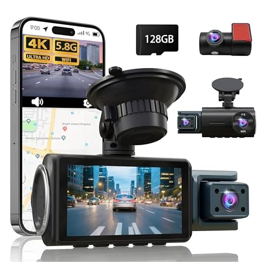 3 Channel Dash Cam Front and Rear, 4K+4K+1080P Car Camera, Free 128GB Card, Built-in GPS, ADAS, 5.8GHz WiFi & APP, Super Night Vision, G-Sensor, Loop Recording, 24H Parking Mode Dash Cam（Black）