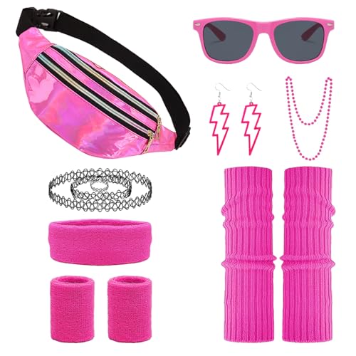 80er 90er Jahre Outfit Accessoires Damen,80er Jahre Hippie Kostüm Accessoires mit Bauchtasche, Stirnband, Beinwärmer,Armbänder,Brille, Ohrring,80er Jahre Kostüm für Neon Karneval Fasching Party