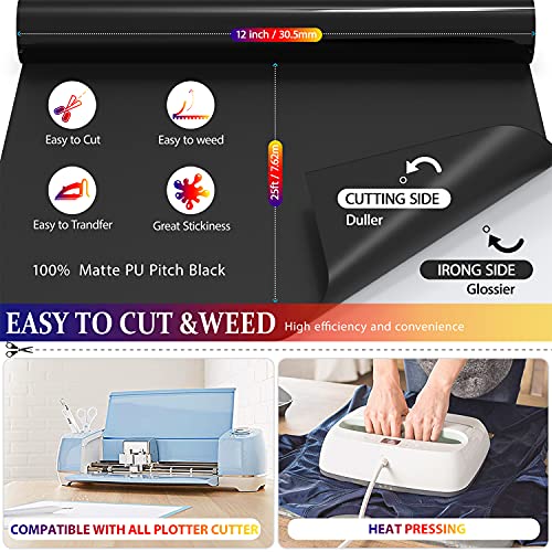 TransWonder Black Heat Transfer Vinyl 12 x 25ft Iron on Vinyl for Cricut Heat Press HTV Vinyl for T-Shirts (Matte)
