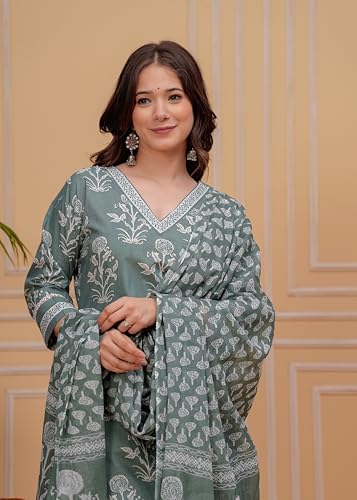 Image of MEERA FAB Women's Cotton Blend Straight Printed Kurta with Palazzo & Dupatta