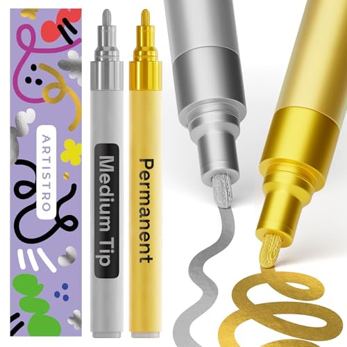 Image of ARTISTRO 2 Gold & Silver Permanent Marker - Waterproof Markers for Tire, Fabric, Rocks, Glass, Ceramic, Wood, Paper - Oil Based Paint Pens - Medium Tip 3mm