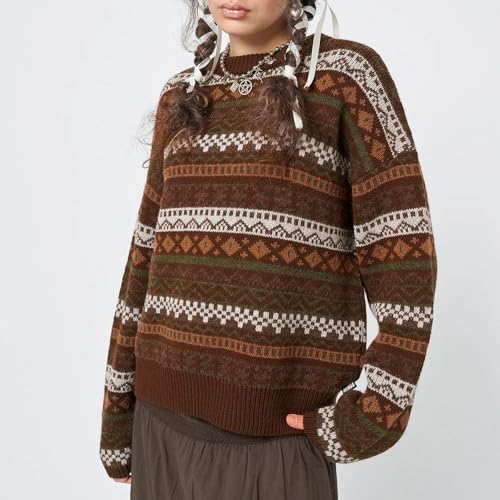 Image of Women Vintage Striped Pullover Sweater Y2k Long Sleeve Crew Neck Loose Knit Sweaters Fall Winter Knitwear