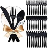 150 Stück Plastikbesteck Party Besteck Plastik Messer Gabeln Löffel je 50 Stück Party Besteck Wiederverwendbar Plastikbesteck Schwarz Set für Familienfeiern Outdoor Dinner