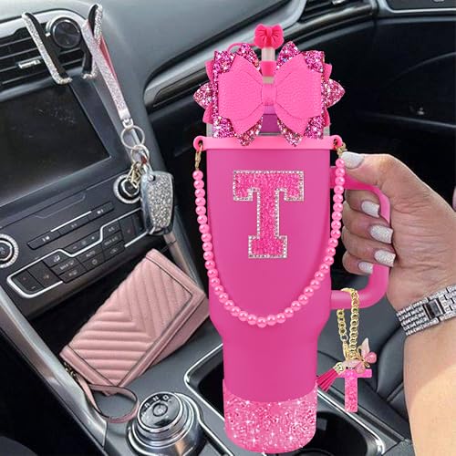 Hpebl 9PCS Hot Pink for Stanley Cup Accessories Set Bling Initials Bow Charms for Stanley Decorations 30/40 Oz Tumbler Accessories Including Bow Straw Topper, Handle Strap, Spill Stopper（Letter T） - image 6