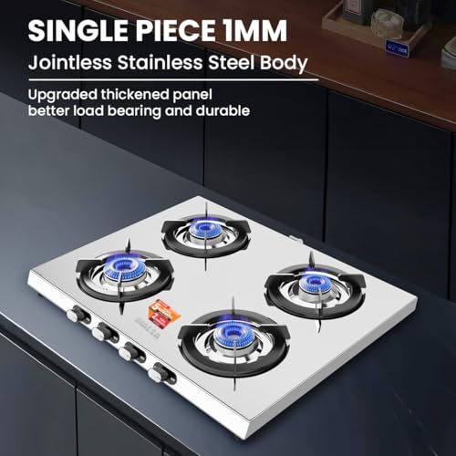 Image of INALSA Premium Gas Stove 4 Burners Steel Body|Include Commercial & Tornado Brass Burner|LPG Ready & PNG Compatible|Slim Gas Stove |5 Yr Warranty on Burner & 2Yr On Product|Gas Chulha(Iceline 4B)