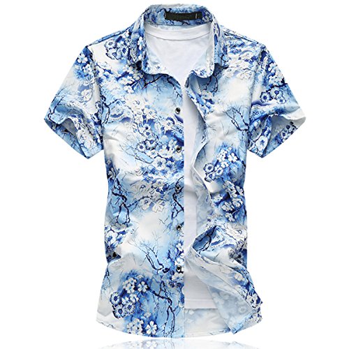 Mirecoo, camicia da uomo a maniche corte, con stampa floreale Blu M