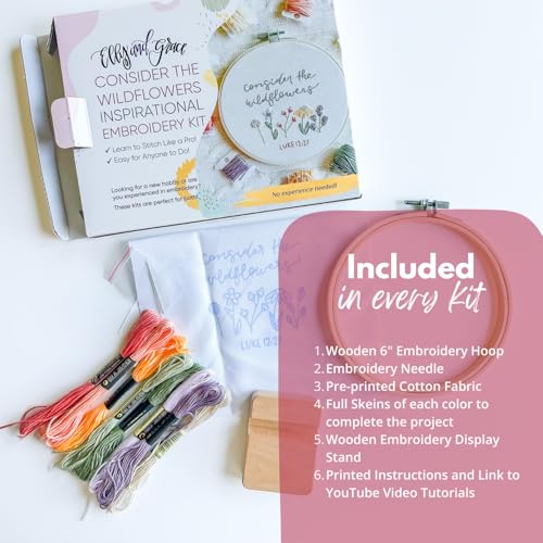 Image of Elly & Grace Christian Embroidery Kit with Embroidery Hoop, Easy Embroidery Kit for Beginners and Adults, Full Embroidery Hoop Kit with Needles and Thread Included (Wildflowers)