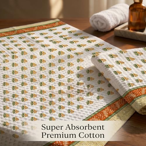 Image of Mafatlal Madhuban Premium Waffle Cotton Set (1 Bath 147x76 cm + 2 Hand 76x38 cm) | 250 GSM | Hand Printed Floral Craft | Rust