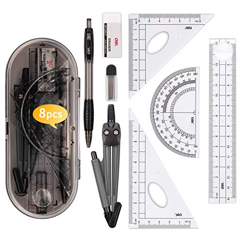 8 pièces Kit de Geometrie, Compas Scolaire Ensemble Outil de Géométrie Comprenant Regle Equerre Rapporteur Porte-mines Recharges Gomme, Dessiner avec un Compas Enfant Boite de Compas Ecole Fournitures