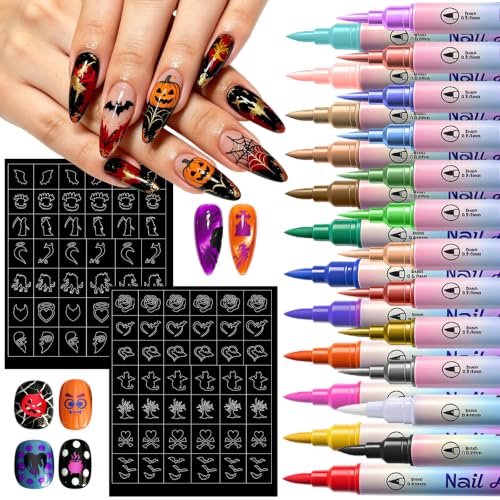 Halloween Nail Art Kit – 24 Dual Tip Nail Markers with 12 Halloween Nail Stencils &amp; Tweezers, Quick Dry Nail Polish Pens for Women Girls, Nail Paint Marker Pens Gift for Halloween Party