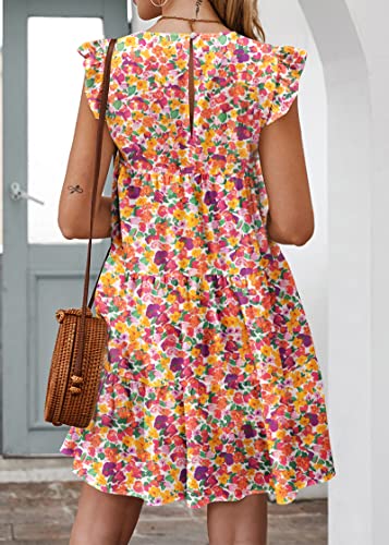 Image of KIRUNDO Summer Dresses for Women Sundress Sleeveless Ruffle Sleeve Round Neck Loose Short Flowy Pleated Mini Babydoll Dress