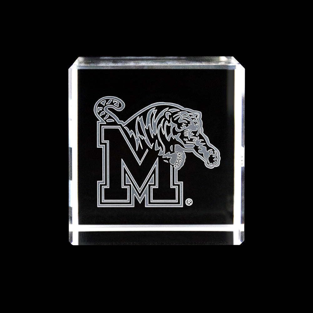 Fan Frenzy Gifts Optical Crystal Cube Officially Licensed Glass Cube Decoration with Laser-Engraved Logo | 60x60x60mm Home Office Decor & Paperweight, (University of Memphis)