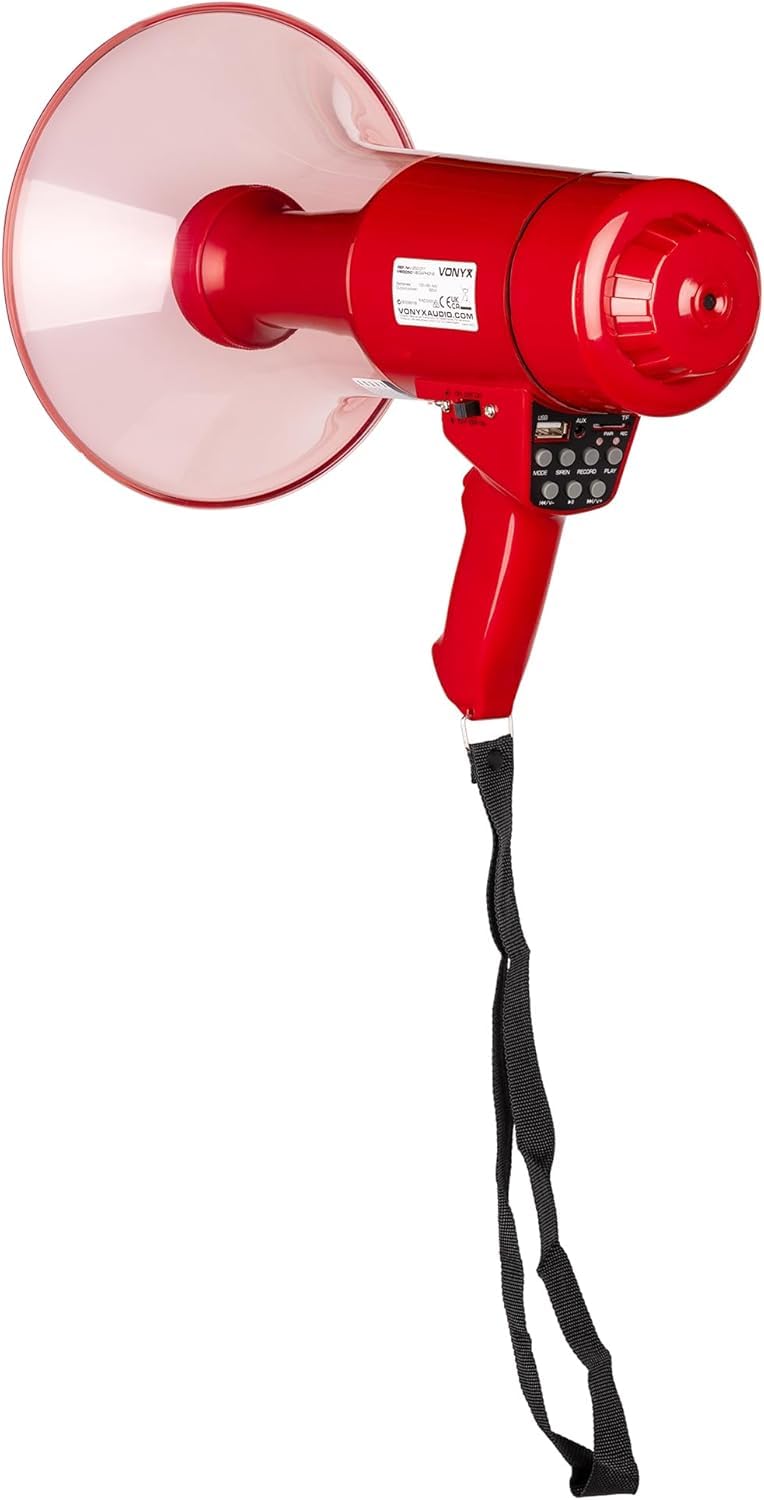 Vonyx MEG050 Megáfono 50W 1000m Alcance Batería Recargable Sirena Micrófono LED Bluetooth MP3 USB SD AUX Rojo