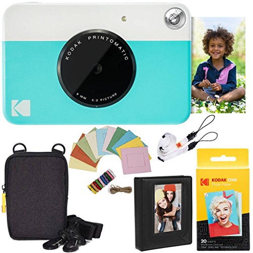 KODAK: Paquete cámara instantánea Printomatic (Azul) + Papel Zink (20 Hojas) + Funda álbum de Fotos + Marcos para Colgar + cómoda