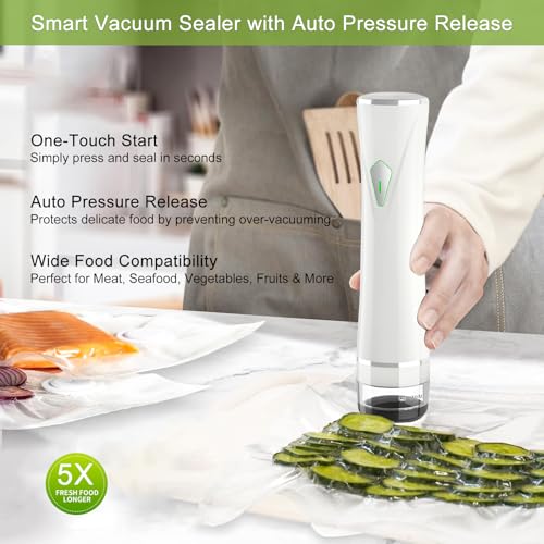 HxTech Vacuum Sealer for Food, Handheld Compact Sealer with Visible Water Tank and 30 Reusable Bags, for Meal Prep, Travel, and Kitchen Storage, White