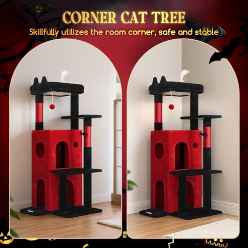 Image of Globlazer Gothic Cat Tree Tower for Indoor Cats, 50-inch Goth Adult Cat Tree House for Large Adult Cats with Steps, Scratching Post, 2 Cat Caves, Dangling Toys, FC50, Blood-Goth