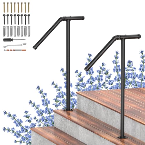 2 Pack Hand Rails for Outdoor Steps Fit 1 to 2 Step,HandRails Outdoor Stair Railing,Sturdy Single Post Metal Porch Railing Kit, Black Wrought Iron Style Hand Rail for Concrete, Brick & Wooden Decks