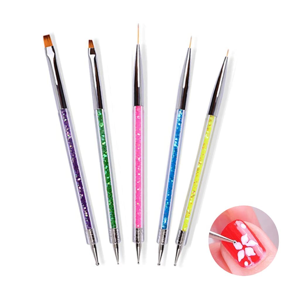 ORiTi 5pcs Double Ended Nail Art Brushes, Nail Art Point Drill Drawing Brush Pen Manicure Care Tool Nail Brushes Double Ended Dotting Tools Set Nail Art Liner Brush for Home DIY and Salon