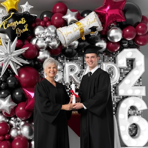 Image of Graduation Balloons Garland Kit 153Pcs, Maroon Black Silver Balloon Arch Kit with GRAD Letters Grad Cap Diploma Balloon Burgundy Balloons Arch for Class of 2026 Graduation Birthday Party Decor