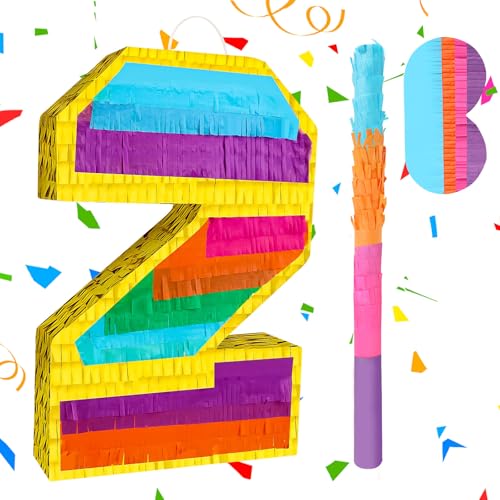 Piñata arc-en-ciel chiffre 2 avec bâton et bandeau pour fête d'anniversaire d'enfant 40cm