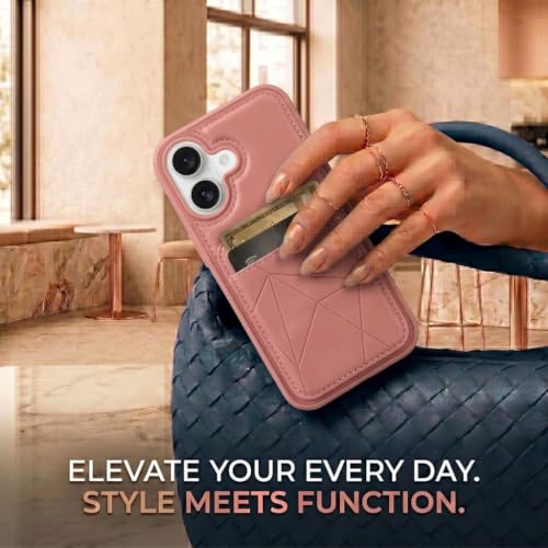 Image of amazon basics Premium Vegan Leather Back Cover with Card Holder and Integrated Mobile Stand for iPhone 16 - Slim Shockproof Wallet Case with Geometric Stitching [Pink]