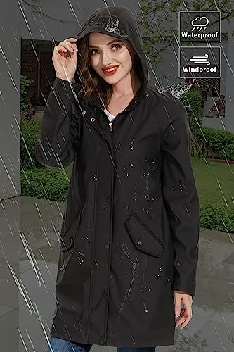 Fahsyee Raincoat Women, Rain Jacket Waterproof Coat Hooded Windbreaker Outdoor Long Active2